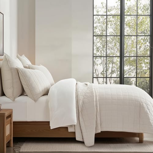 King Size Cotton Quilt Set with Box Stitch Design - Birch, 108x96 inches