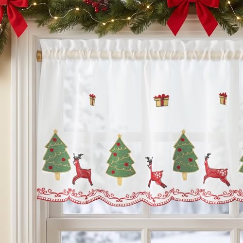 RYB HOME Christmas Reindeer Valance Curtain 52" x 18" for Kitchen & Window Decor