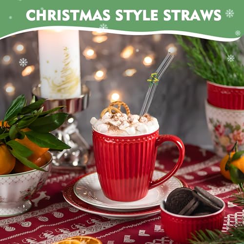 Loyzcy Christmas Glass Straws with Charms - 4 Pack, Reusable Holiday Drinkware