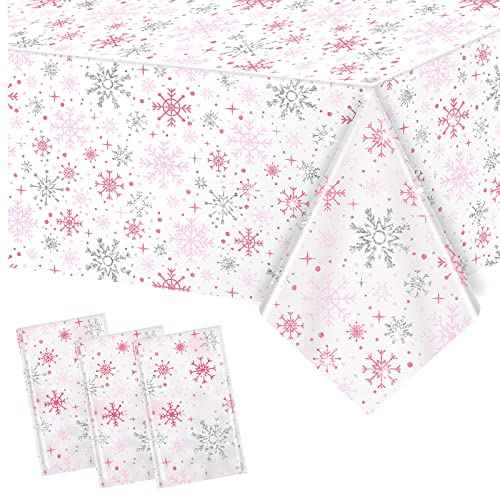 Jecery 3 Pcs Winter Snowflake Tablecloth Birthday Party Decorations Winter Snowflake Wonderland Plastic Table Cover Cloth for Kid Girl Birthday Baby Shower Party Supplies (Pink)