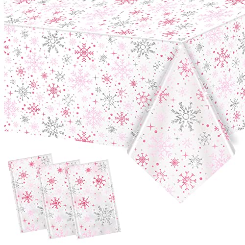 Jecery 3Pcs Pink Winter Snowflake Tablecloths – Waterproof Plastic Party Linens