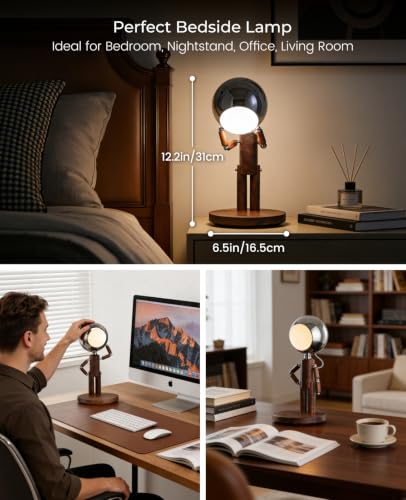 Rechargeable Wooden Table Lamp with Dimmable Moon Design - Black Walnut Variation
