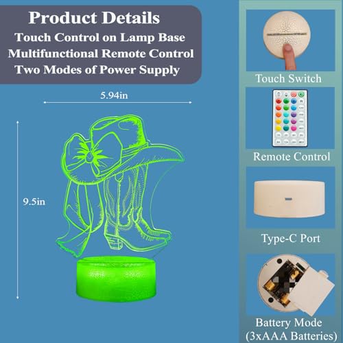 Cowgirl Night Light 3D Illusion Lamp with 16 Colors & Remote Control - Color 11