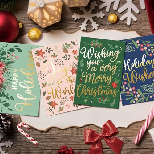 Spercy 24 Pack Gold Foil Christmas Greeting Cards with Envelopes & Stickers, Holiday Season Bulk Set, 6 Designs