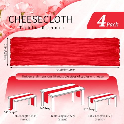 Red 4-Pack 10ft Cheesecloth Table Runner – Boho Gauze Rustic Wedding Decor