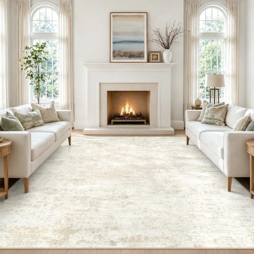 Fuzziness 8x10 Beige Washable Area Rug for Living Room & Bedroom