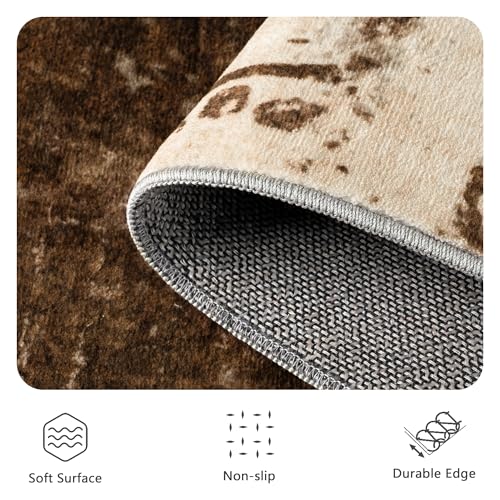 A-Brown 8x10 Modern Abstract Low Pile Washable Rug - Non Slip Large Floor Carpet for Living Room Bedroom