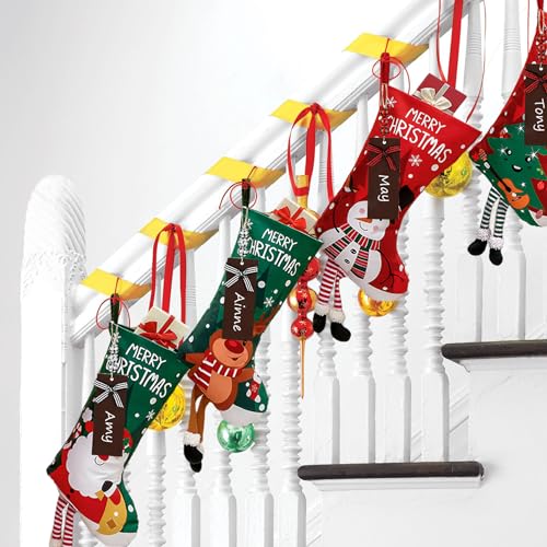Personalized 18in Christmas Stockings 4-Pack with Wooden Name Tags Deer Santa Snowman