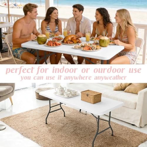 Fivenl 6ft Foldable Plastic Table 2 Pack White Portable Camping & Party Table