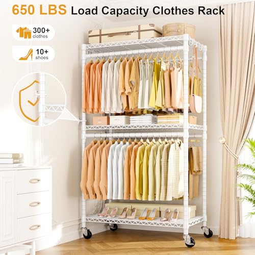 ULIFHOME P5 Rolling Clothes Rack with Adjustable Shelves and Double Rod, White - Heavy Duty Clothing Organizer with Lockable Wheels