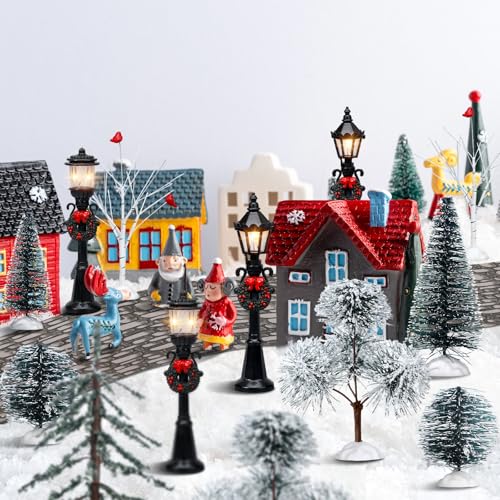 Aoriher Christmas Village Figurine Set with Miniature Snow Trees & Streetlights - 15 Pieces