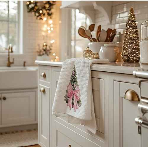 Pink Christmas Tree Kitchen Towels - Pink Christmas Decorations, Christmas Tea Towels, Pink Christmas Kitchen Bathroom Towels,Christmas Hand Towels Pink, 16 x 24 Inch