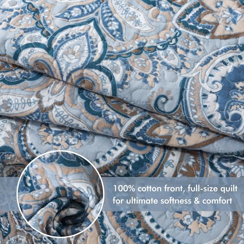 Paisley Blue-Gray Cotton Queen Size Quilt Set - Reversible Bedspread for All Seasons