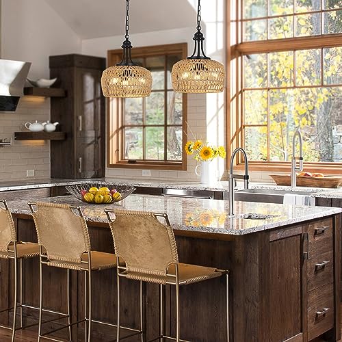 Brown 3-Light Farmhouse Rattan Chandelier for Dining, Kitchen & Bedroom