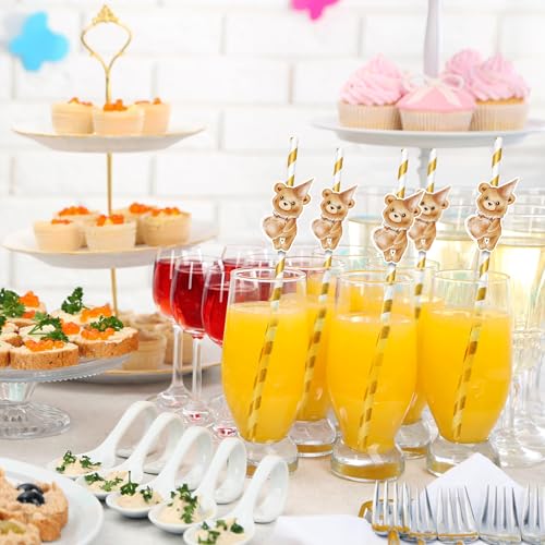 Brown 1 Pack Bear Baby Shower Paper Straws with Teddy Bear Toppers - 50pcs