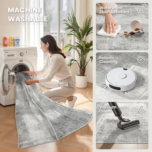 Washable Area Rug 8x10 - Neutral Abstract Grey Rug for Living Room - Non-Slip, Soft, Eco-Friendly