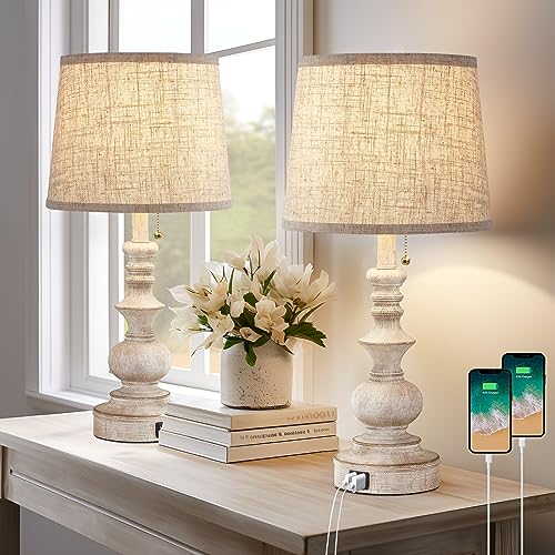Drawealth Farmhouse Bedside Table Lamps Set of 2 - White, 22'' with USB Charging & Pull Chain