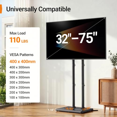 Universal Floor TV Stand for 32–75 Inch Televisions - Height-Adjustable with Solid Wood Base & Swivel Mount - Supports Up to 110 lbs - Anti-Tip & Stable Design