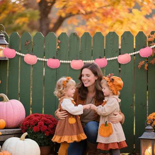 Fall Felt 3D Pumpkin Garland Pink Pumpkin Garland and Wood Bead for Fall Decor Autumn Decorations for Home Fall Pumpkin Banner for Mantle Home Wall Decor
