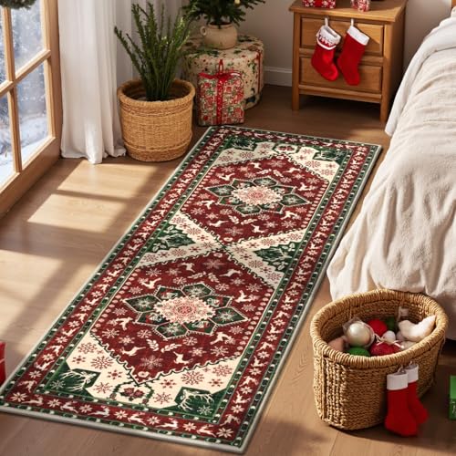 2x6 Red Christmas Hallway Runner Rug – Yamaziot, Non-Slip Backing, 100% Polyester
