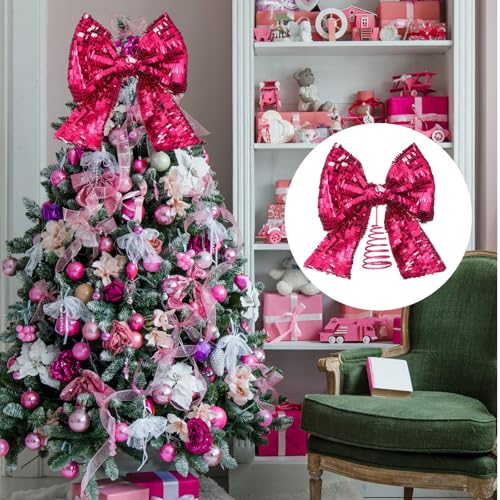 Demissle Hot Pink Sequin Bow Christmas Tree Topper 10 x 12 in