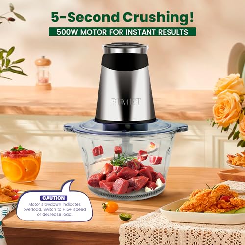 BUMET 500W Meat Grinder Food Chopper with 2×8-Cup Bowls & 2 Blades, Fast & Durable Kitchen Processor