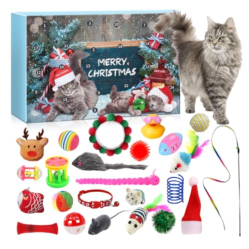 Blue 24 Days Christmas Cat Advent Calendar with Interactive Toys - Feline Holiday Gift