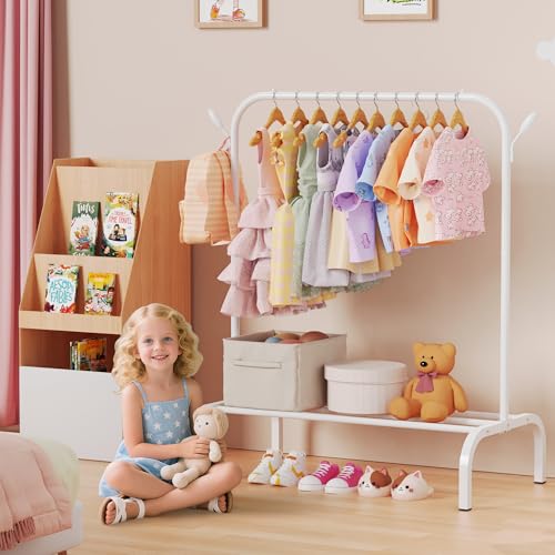 Kids Clothes Rack for Ages 3-6 - Montessori Child Clothing Organizer, White, 31.5W x 15.7D x 39.4H
