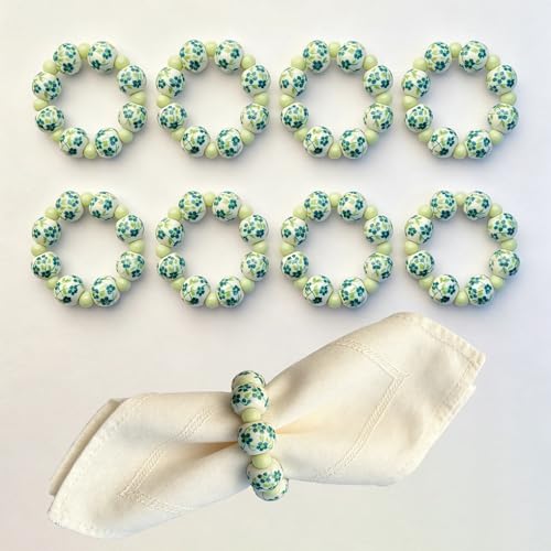 NUOYIA 8Pcs Hand Painted Green White Porcelain Napkin Rings Set C-8 for Holiday & Wedding Table Decor