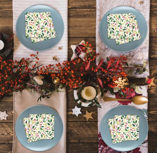 Christmas Holly Berry Cocktail Napkins - 50 Pack for Holiday Parties