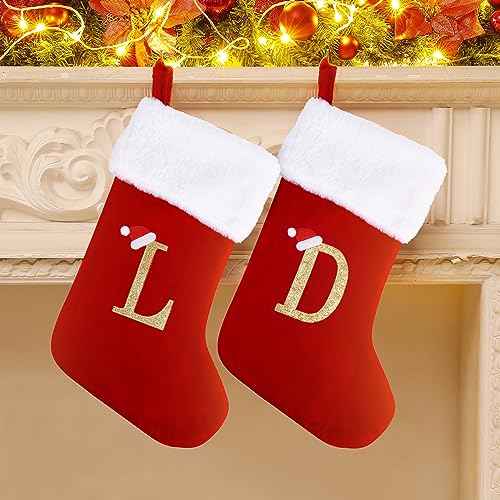 20 Inches Monogram Christmas Stockings with Letters, Large Super Soft Christmas Stockings Red Velvet with White Super Soft Plush Cuff for Christmas Xmas Tree Holiday Fireplace (K)