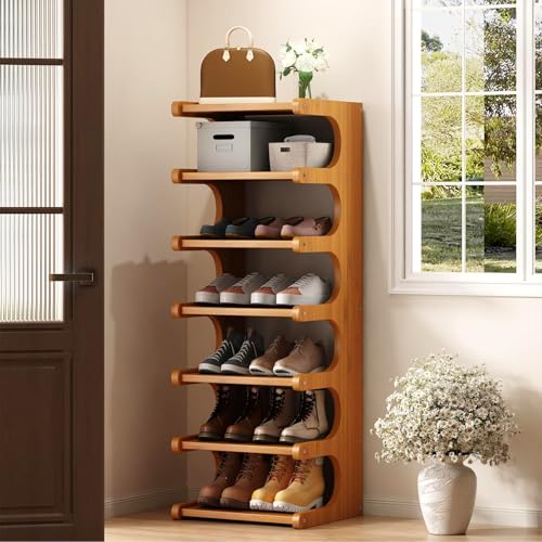 Brown 7-Tier Vertical Shoe Rack - Space-Saving Bamboo Shoe Organizer