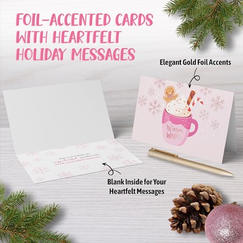Pink Foiled Christmas Cards 24-Pack with Envelopes 6x4in