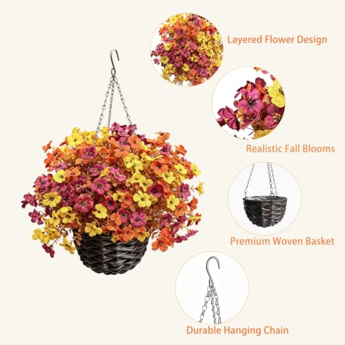 Artificial Fall Flowers Hanging Baskets - 2 Pack Outdoor Autumn Decor