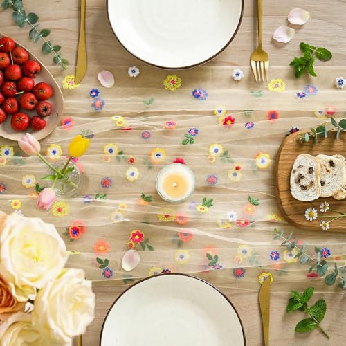 Artoid Mode Champagne Embroidery Daisy Gauze Table Runner 28 x 120 Inch