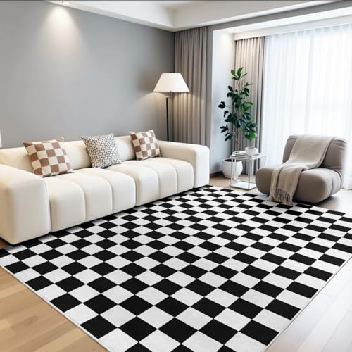 Black and White Checkered Area Rug 5x7 - Soft Non-Slip Living Room Carpet - Variation of Black & White / 5' x 7' Rectangular