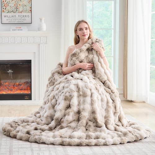 Jeyfull Fluffy Faux Rabbit Fur Throw Blanket King Size 108x90 Tie-Dyed Beige