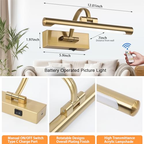 Brass Finish Rechargeable Picture Light with Remote Control, 12 Inch Adjustable Art Lighting