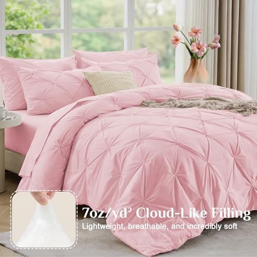 Queen Comforter Set 7 Pieces - Baby Pink Bed in a Bag with Pintuck Design