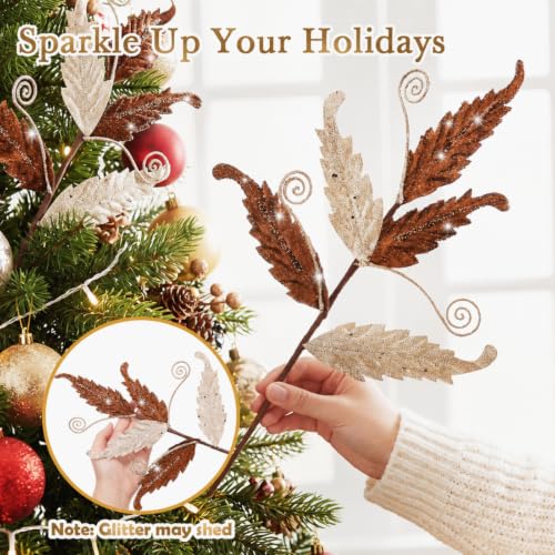 HyDren 10 Pcs Christmas Glitter Leaves Ornaments, Gold & Brown, Festive Decorations