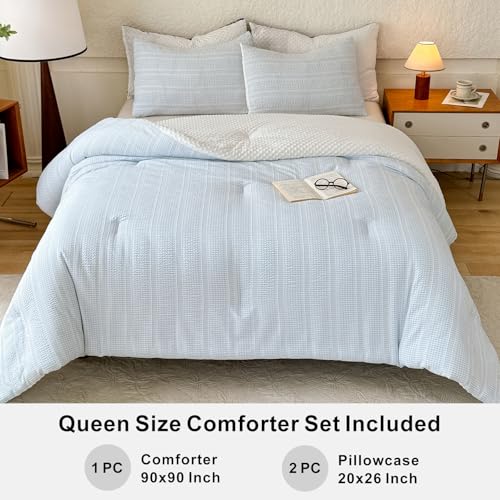 tohrisa Queen Size Boho Comforter Set Sky Blue 3 Pieces All-Season Bedding