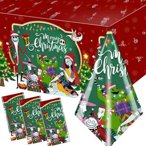 3 Pack Christmas Nightmare Tablecloths Nightmare Christmas Party Decorations Green Red Tree Xmas Nightmarer Table Cover for Xmas Winter Holiday Birthday Party Supplies