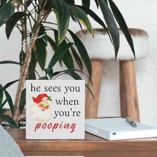 Red Christmas Santa Bathroom Wooden Box Sign,He Sees You When You're Pooping Wood Sign,Funny Christmas Bathroom Desk Sign For Home Barthroom Toilet Restroom Decor,Red Christmas Decor,5x5 Inch