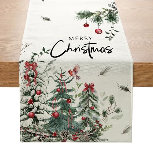 Christmas Tree Cardinal Table Runner 13x72 Inch Holiday Kitchen Decor