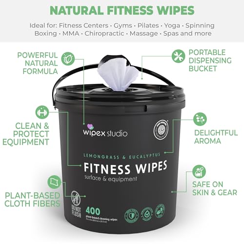 Yoga Mat Cleaner Wipes - Lemongrass & Eucalyptus, 400 Ct Bucket - Safe for Gym & Fitness Equipment