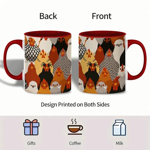ANOVRA 11oz Funny Chicken Mugs - Ceramic Coffee Cup with Colorful Hen Faces - Farm Animal Gift