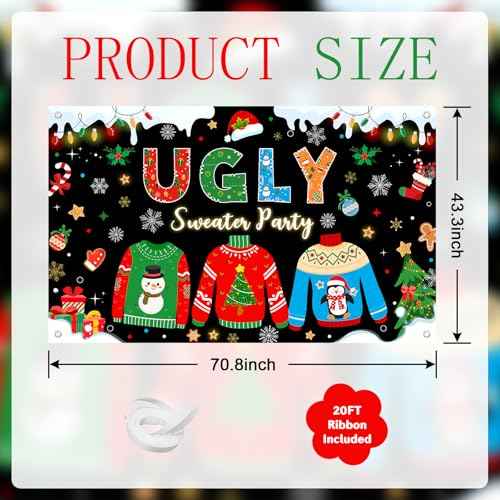 Avezano Ugly Sweater Party Banner Ugly Christmas Sweater Party Decorations Backdrop Xmas Elfed Up Photo Booth Background Banner (6x3.6ft)