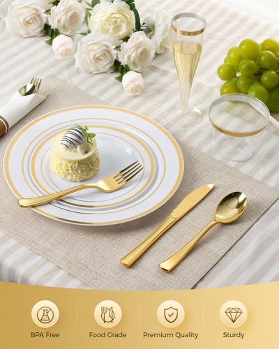 Gold Disposable Dinnerware Set for 70 Guests - 560 Pcs Fancy Plastic Plates & Glasses