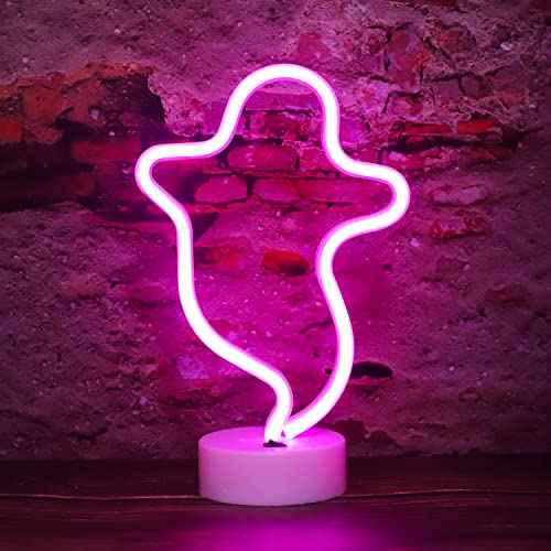 Ghost Neon Signs Halloween Night Lights, LED Signs Ghost Shape Lamp Neon Lights for Nursery Room Wall, Festival, Party Christmas Decor-Ghost with Holder Base(Pink) ¡¦