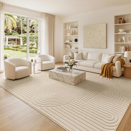 8x10 Beige Washable Area Rug with High-Low Pile for Living Room - Modern Geometric Design